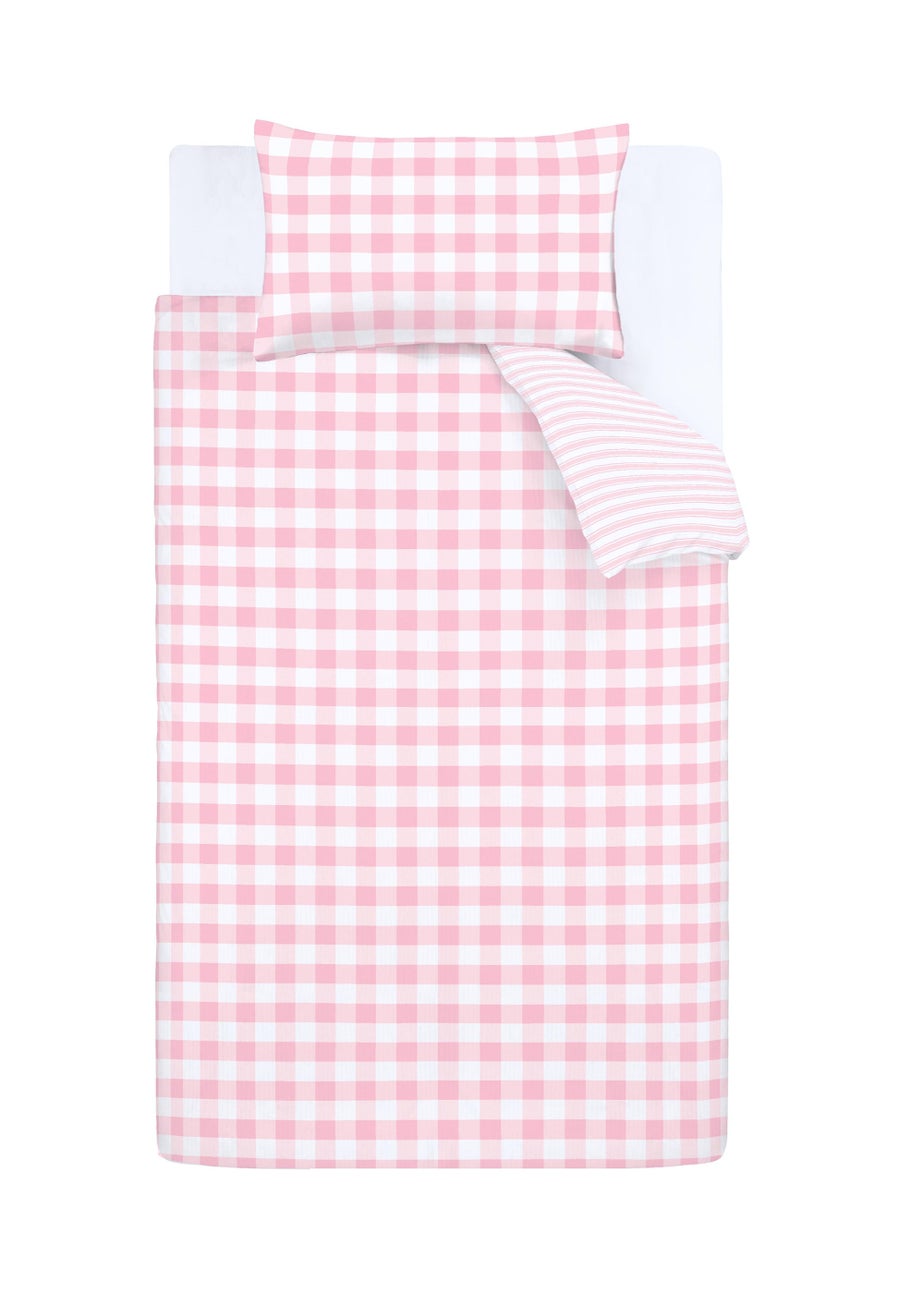 Bianca Fine Linens Check and Stripe Cotton Reversible Duvet Cover Set White Pink