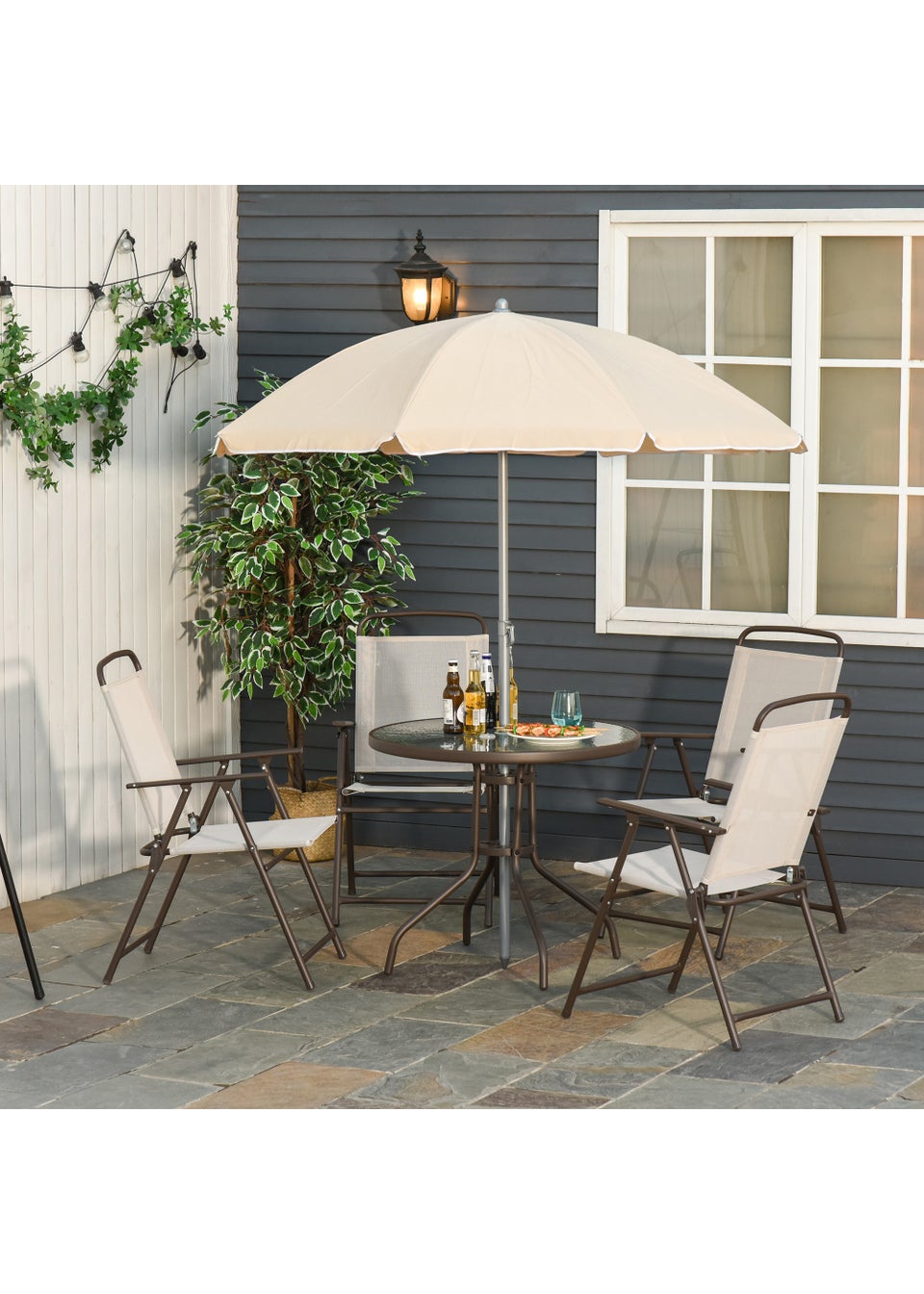 Outsunny 6 Piece Patio Dining Set with Umbrella with Folding Chairs