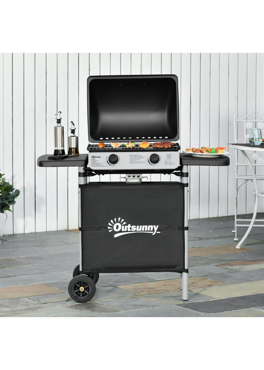 Outsunny 2 Burner Gas Barbecue Grill Propane Gas Cooking BBQ 5.6 kW with Side Shelves Wheels