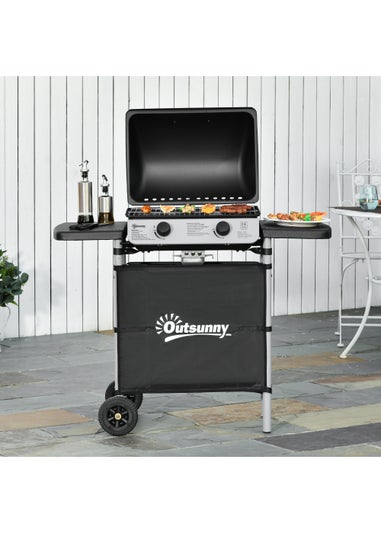 Outsunny 2 Burner Gas Barbecue Grill Propane Gas Cooking BBQ 5.6 kW with Side Shelves Wheels