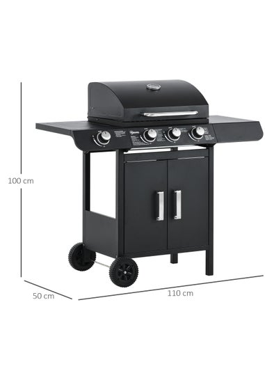 Outsunny Gas Burner Barbecue Grill 3+1 Burner Garden BBQ Trolley 110x50x100cm