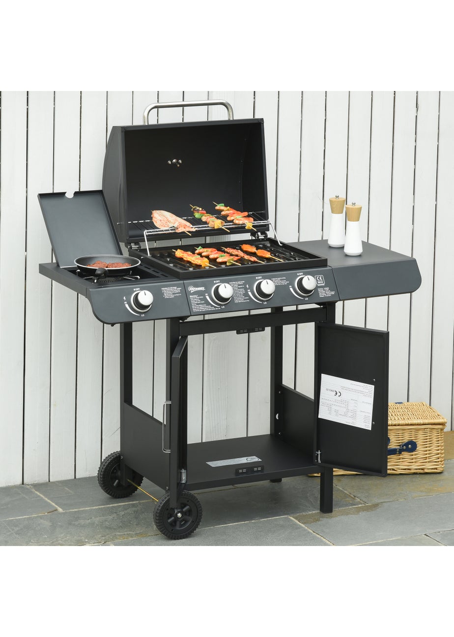 Outsunny Gas Burner Barbecue Grill 3+1 Burner Garden BBQ Trolley 110x50x100cm