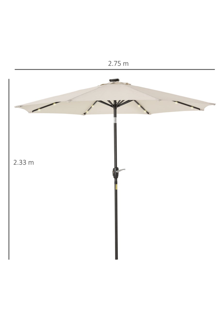 Outsunny Φ2.7m Garden 24 LED Light Parasol Solar Outdoor Tilt Sun Umbrella Patio Sun Shade-White