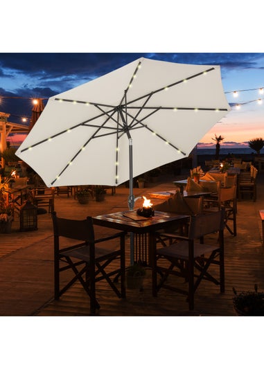 Outsunny Φ2.7m Garden 24 LED Light Parasol Solar Outdoor Tilt Sun Umbrella Patio Sun Shade-White