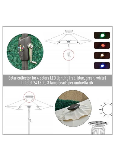 Outsunny Φ2.7m Garden 24 LED Light Parasol Solar Outdoor Tilt Sun Umbrella Patio Sun Shade-White