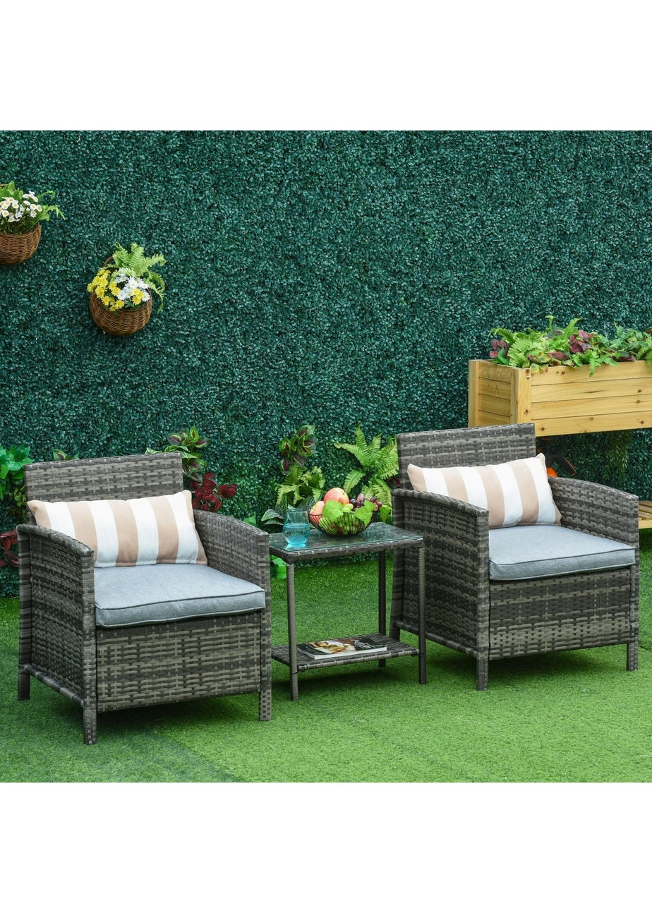 Outsunny 3 PC Outdoor Rattan Sofa Set with Chairs Coffee Table Cushion Grey