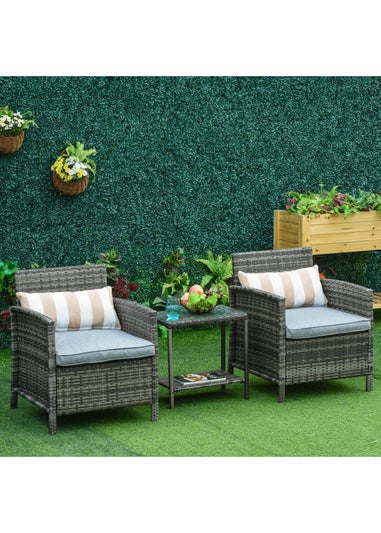 Outsunny 3 PC Outdoor Rattan Sofa Set with Chairs Coffee Table Cushion Grey