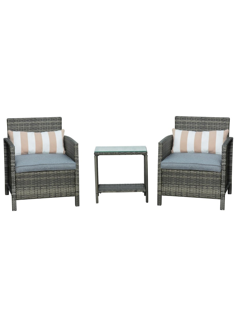 Outsunny 3 PC Outdoor Rattan Sofa Set with Chairs Coffee Table Cushion Grey
