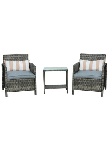 Outsunny 3 PC Outdoor Rattan Sofa Set with Chairs Coffee Table Cushion Grey