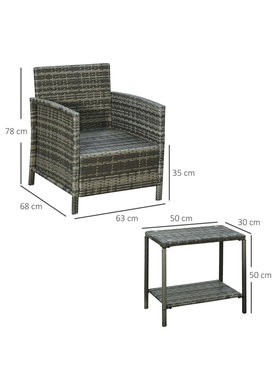 Outsunny 3 PC Outdoor Rattan Sofa Set with Chairs Coffee Table Cushion Grey