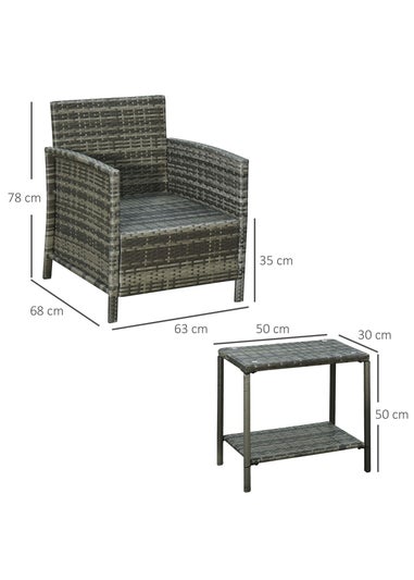 Outsunny 3 PC Outdoor Rattan Sofa Set with Chairs Coffee Table Cushion Grey