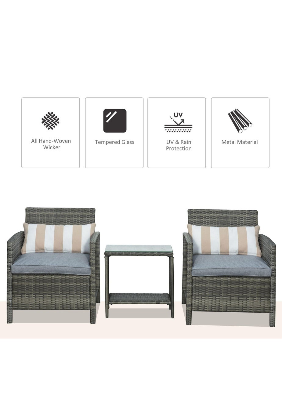 Outsunny 3 PC Outdoor Rattan Sofa Set with Chairs Coffee Table Cushion Grey