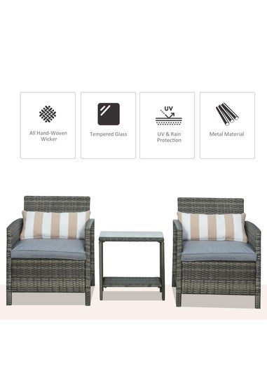 Outsunny 3 PC Outdoor Rattan Sofa Set with Chairs Coffee Table Cushion Grey