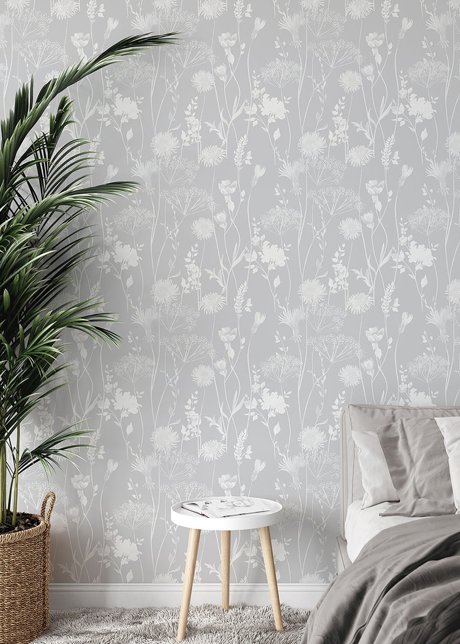 Catherine Lansfield Meadowsweet Floral Grey Wallpaper