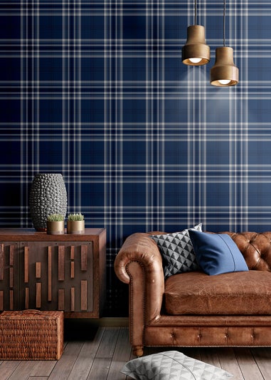 Catherine Lansfield Kelso Check Navy Wallpaper