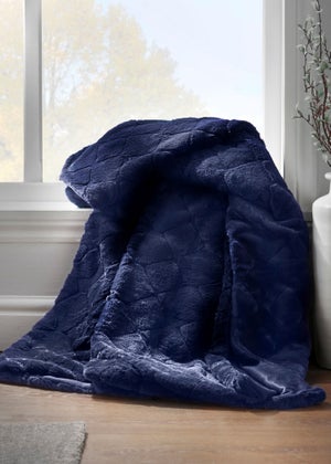 Catherine Lansfield Cosy Diamond Faux Fur Soft 130x170cm Blanket Throw Navy Blue