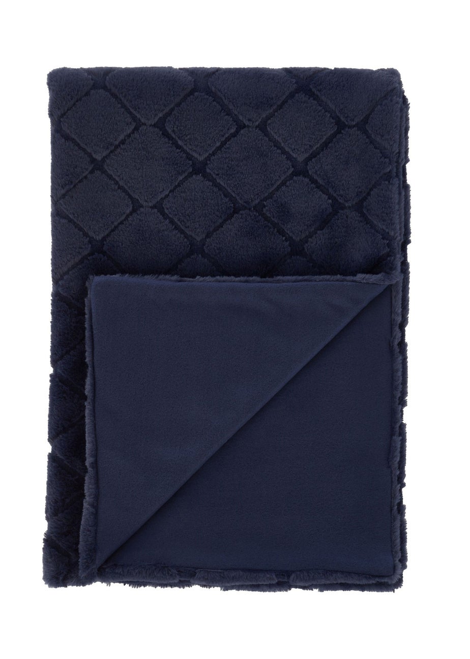 Catherine Lansfield Cosy Diamond Faux Fur Soft 130x170cm Blanket Throw Navy Blue