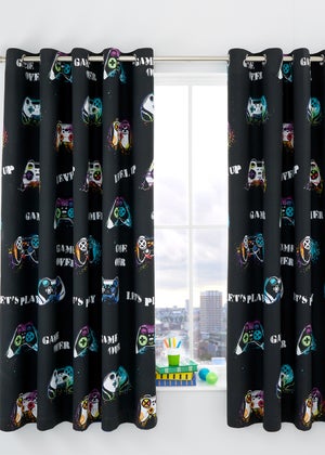 Catherine Lansfield Game Over Fully Reversible Eyelet Curtains Black