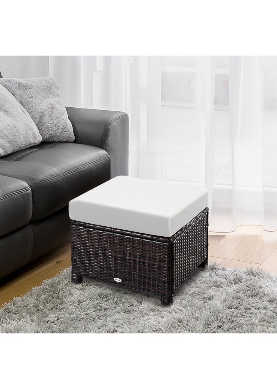 Outsunny Rattan Footstool Wicker Ottoman with Padded Seat for Backyard Garden