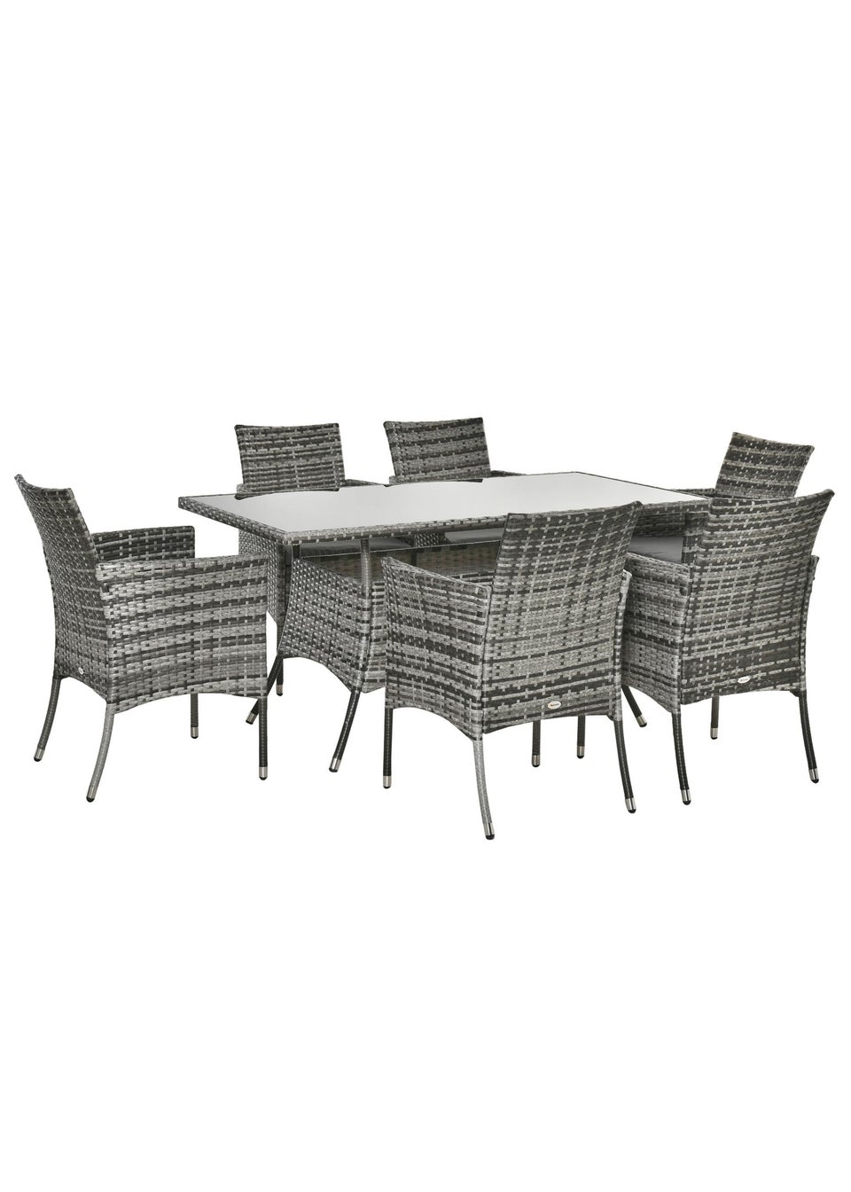 Outsunny Rattan Dining Set for 6 with Cushions Glass Top Table Grey