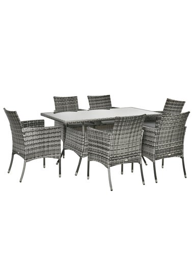 Outsunny Rattan Dining Set for 6 with Cushions Glass Top Table Grey