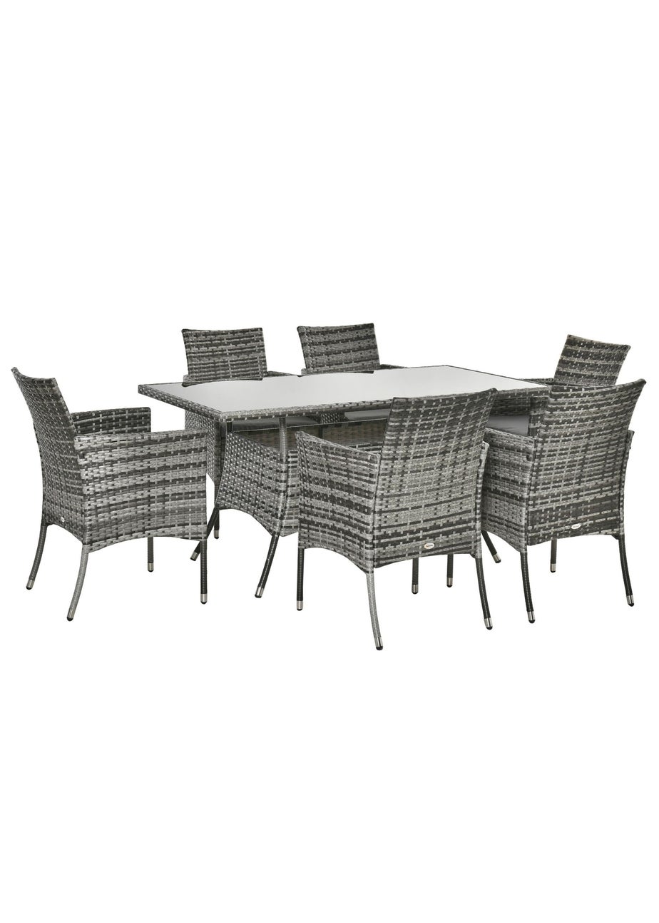 Outsunny Rattan Dining Set for 6 with Cushions Glass Top Table Grey