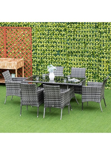 Outsunny Rattan Dining Set for 6 with Cushions Glass Top Table Grey