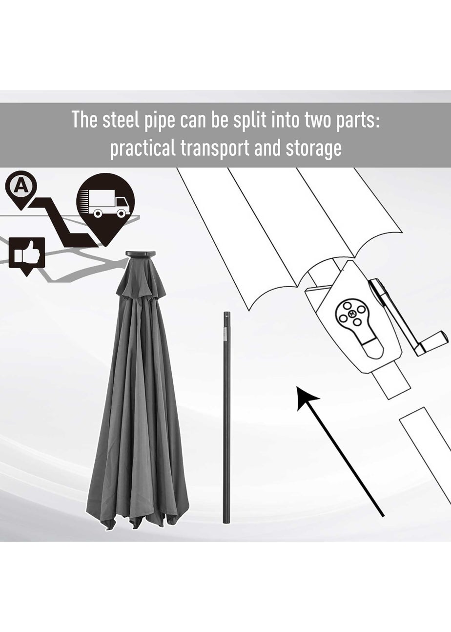 Outsunny Φ2.7m Garden 24 LED Light Parasol Solar Outdoor Tilt Sun Umbrella Patio Sun Shade-Grey