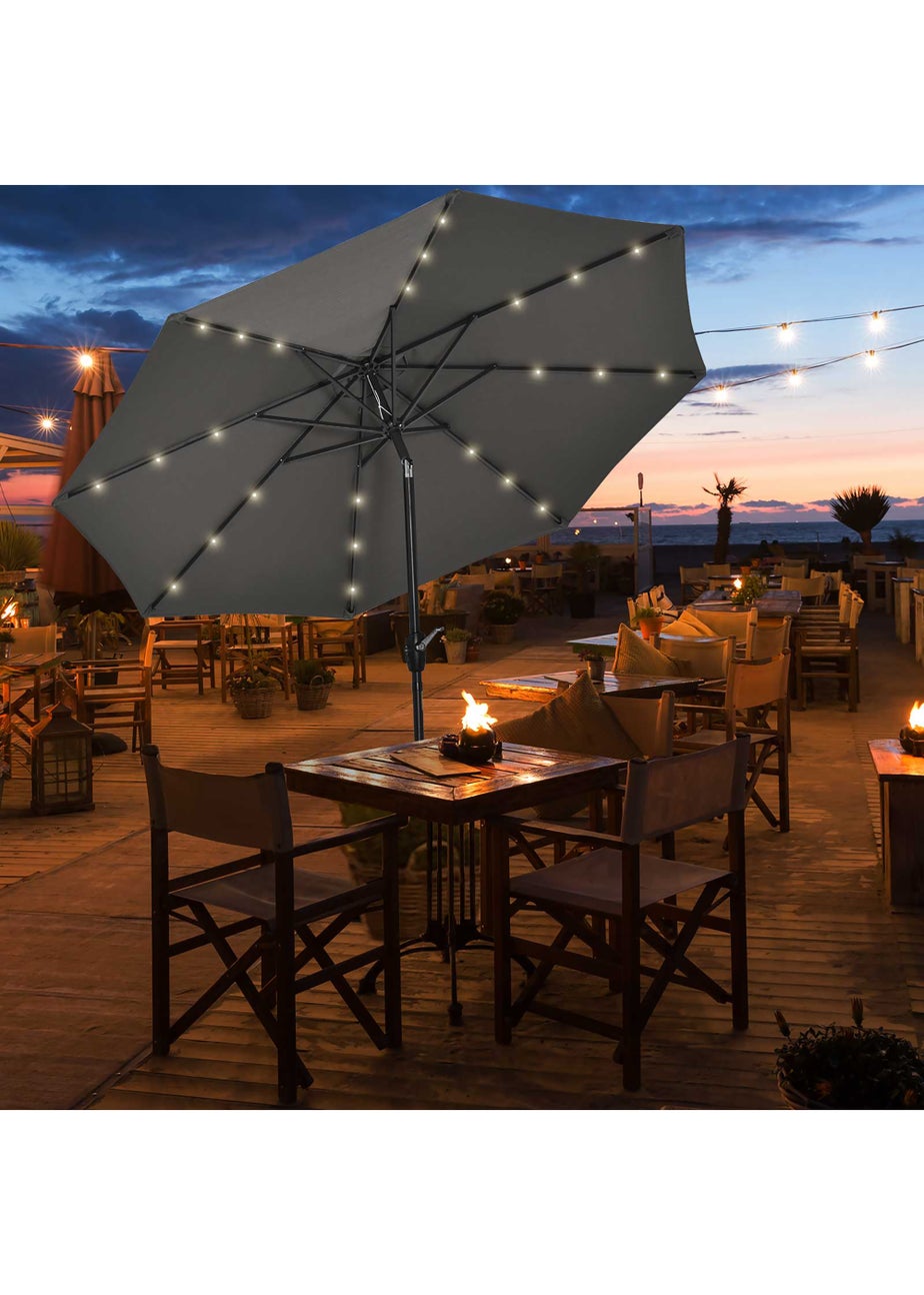 Outsunny Φ2.7m Garden 24 LED Light Parasol Solar Outdoor Tilt Sun Umbrella Patio Sun Shade-Grey