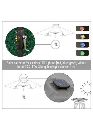Outsunny Φ2.7m Garden 24 LED Light Parasol Solar Outdoor Tilt Sun Umbrella Patio Sun Shade-Grey