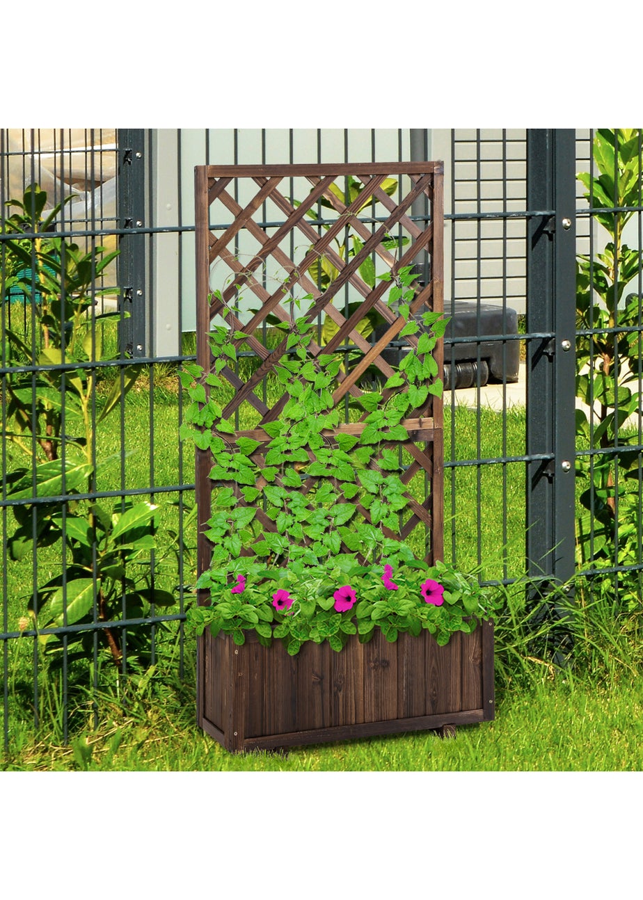 Outsunny 72.5 x 31.5 x 149.5 cm 45L Garden Wooden Pine Trough Planter with Topped Trellis-Carbonised Finish