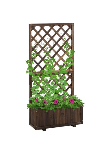 Outsunny 72.5 x 31.5 x 149.5 cm 45L Garden Wooden Pine Trough Planter with Topped Trellis-Carbonised Finish