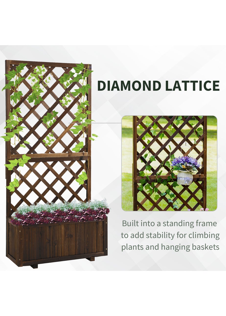 Outsunny 72.5 x 31.5 x 149.5 cm 45L Garden Wooden Pine Trough Planter with Topped Trellis-Carbonised Finish