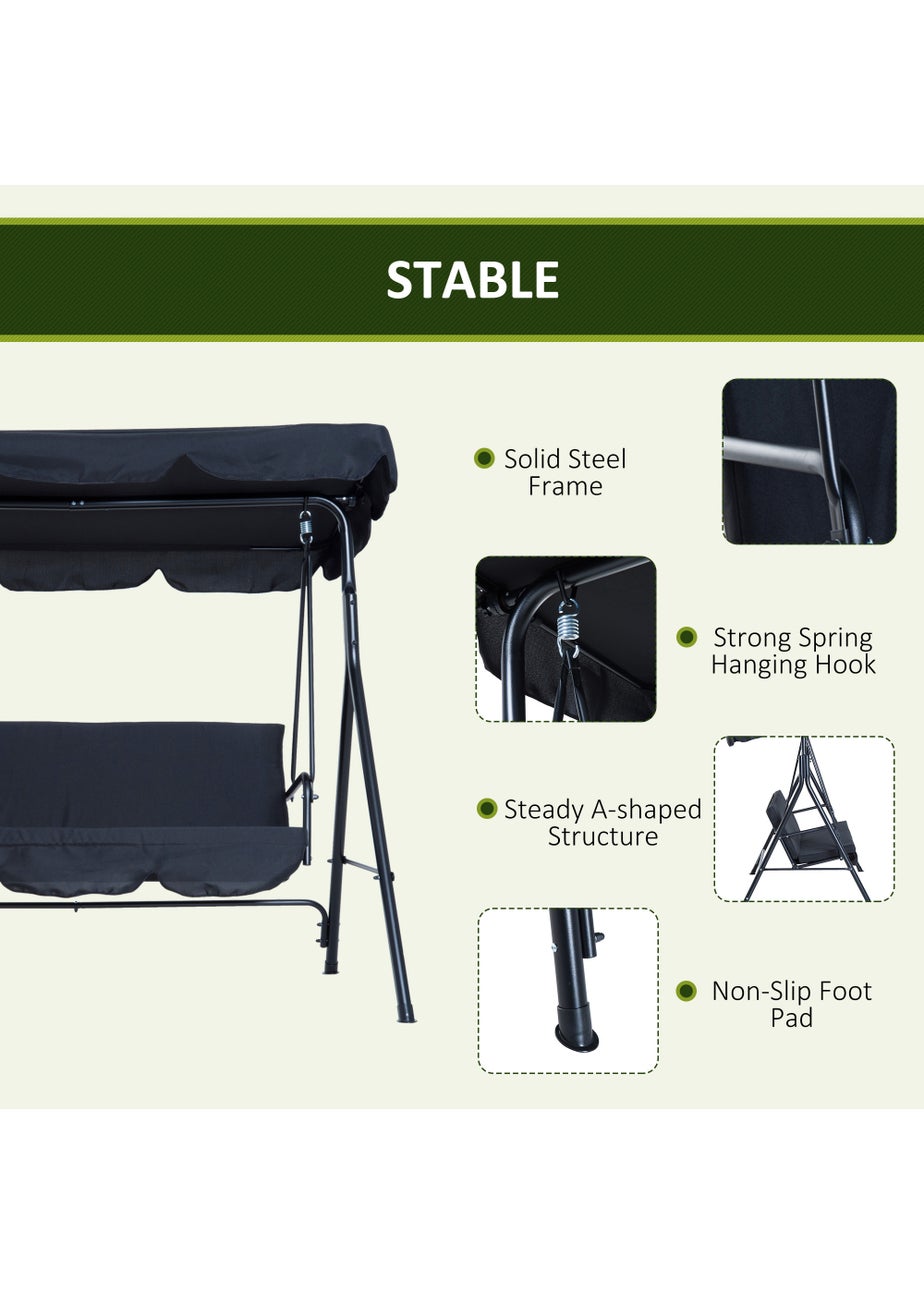 Outsunny 3 Seater Canopy Swing Chair Garden Rocking Bench with Top Roof - Black