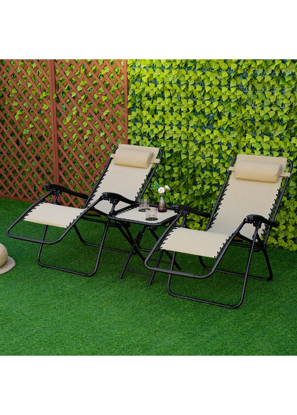 Outsunny 3 PCs Sun Lounger Table & Chairs Set with Cup Holders