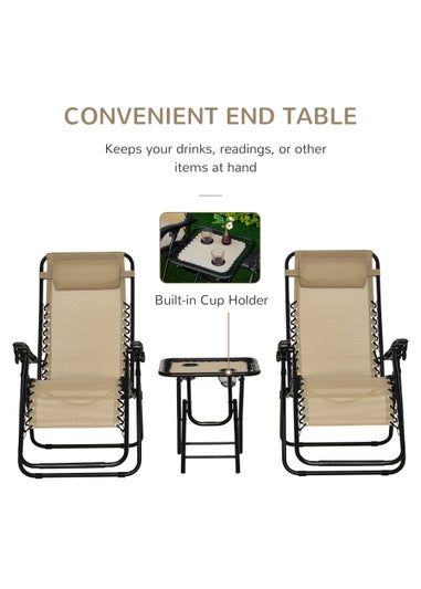 Outsunny 3 PCs Sun Lounger Table & Chairs Set with Cup Holders