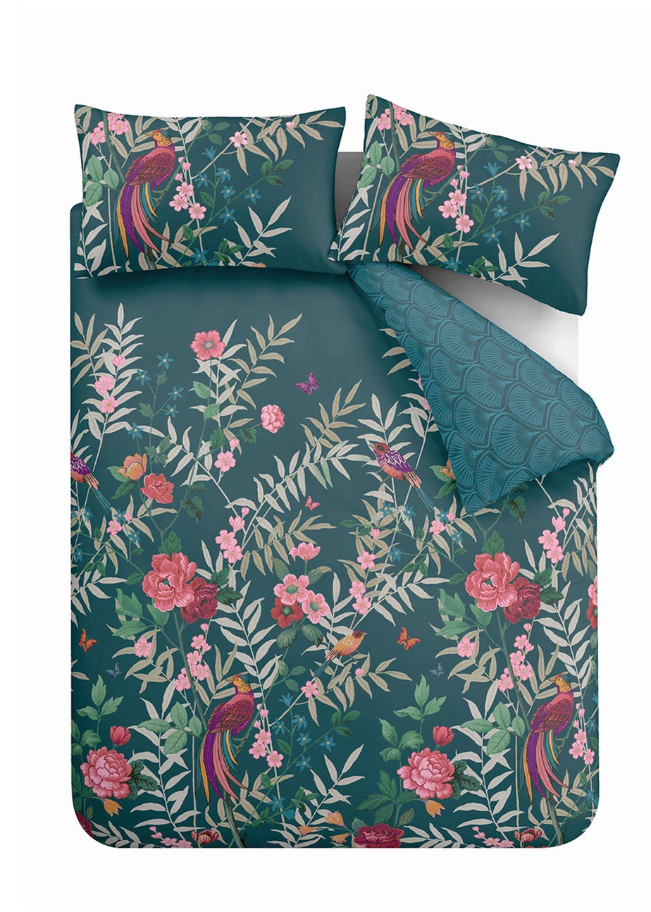 Catherine Lansfield Tropical Floral Birds Reversible Duvet Cover Set Green
