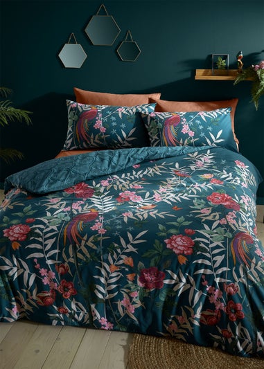 Catherine Lansfield Tropical Floral Birds Reversible Duvet Cover Set Green