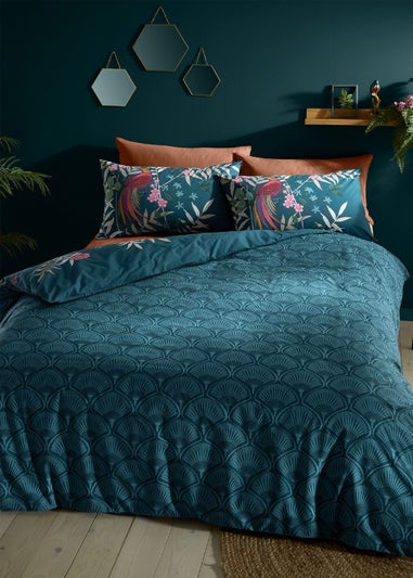 Catherine Lansfield Tropical Floral Birds Reversible Duvet Cover Set Green