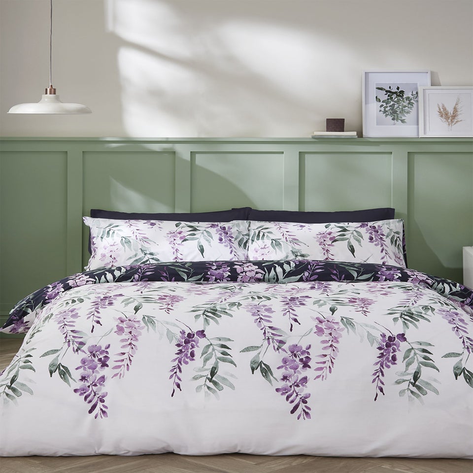Catherine Lansfield Wisteria Floral Reversible Duvet Cover Set White/Navy