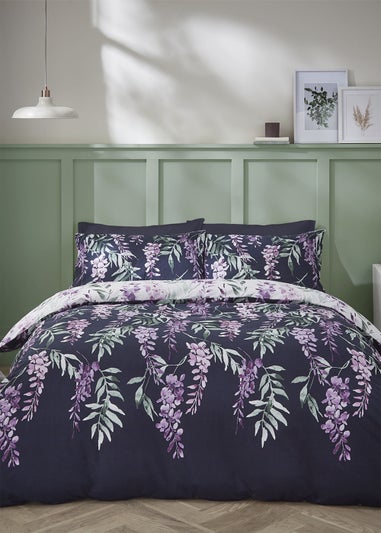 Catherine Lansfield Wisteria Floral Reversible Duvet Cover Set White/Navy