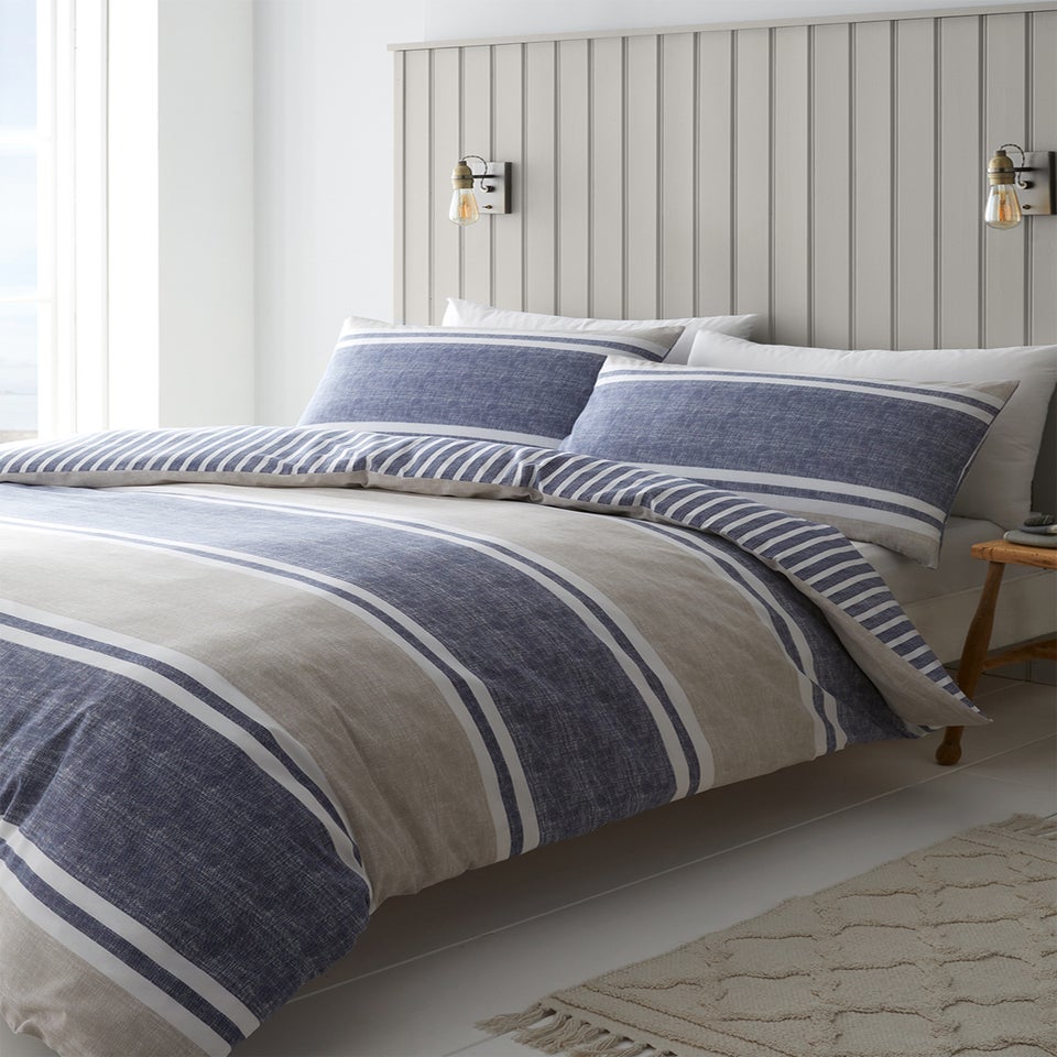 Catherine Lansfield Textured Banded Stripe Reversible Duvet Cover Set Blue