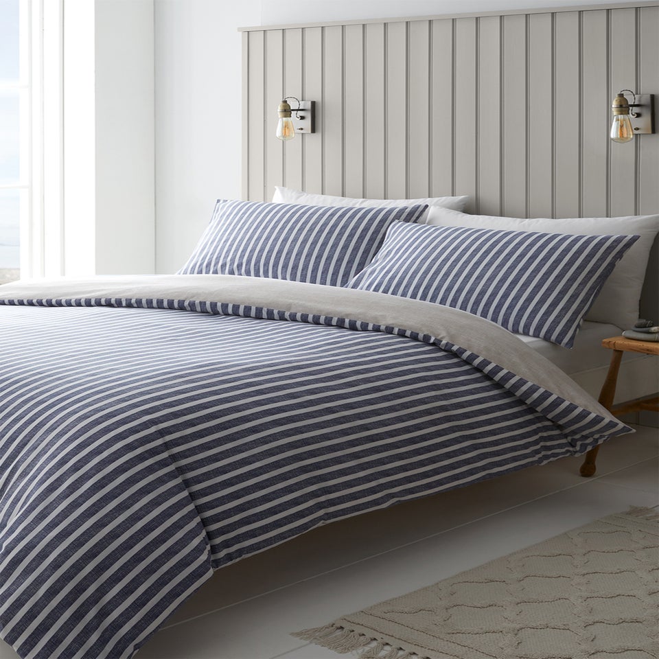 Catherine Lansfield Textured Banded Stripe Reversible Duvet Cover Set Blue