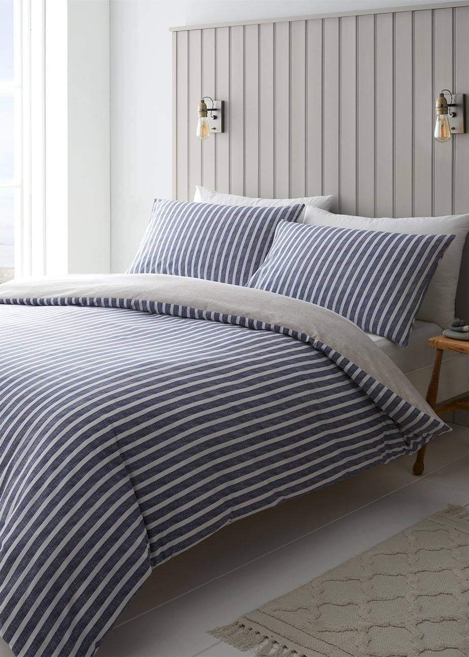 Catherine Lansfield Textured Banded Stripe Reversible Duvet Cover Set Blue
