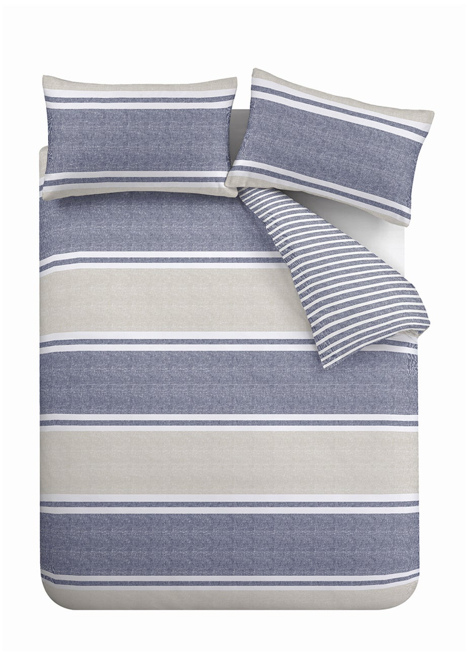 Catherine Lansfield Textured Banded Stripe Reversible Duvet Cover Set Blue