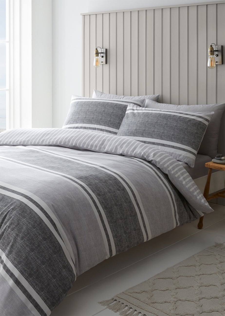 Catherine Lansfield Textured Banded Stripe Reversible Duvet Cover Set Charcoal Grey