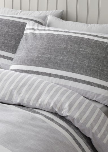 Catherine Lansfield Textured Banded Stripe Reversible Duvet Cover Set Charcoal Grey