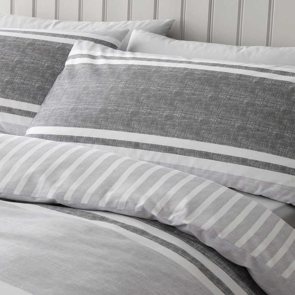 Catherine Lansfield Textured Banded Stripe Reversible Duvet Cover Set Charcoal Grey
