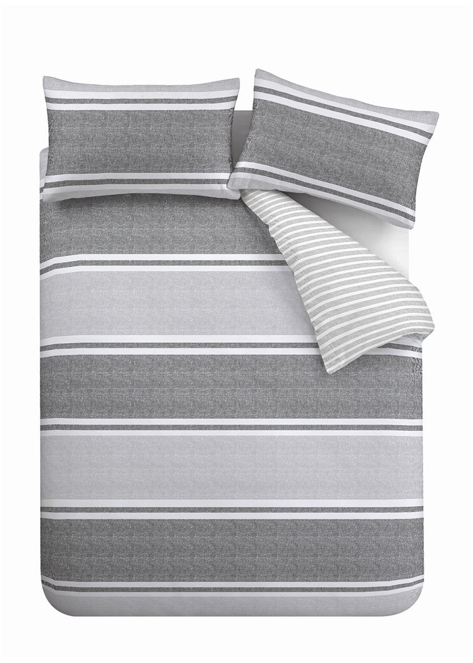Catherine Lansfield Textured Banded Stripe Reversible Duvet Cover Set Charcoal Grey