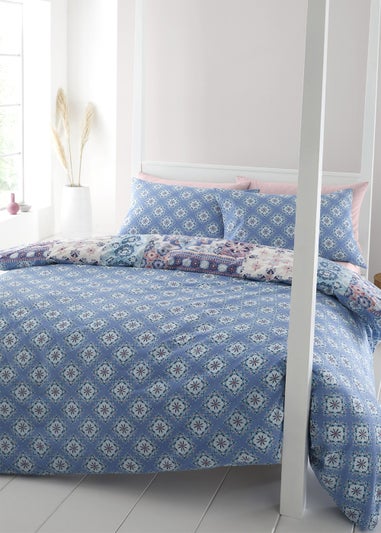 Catherine Lansfield Boho Patchwork Reversible Duvet Cover Set Blue